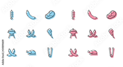 Set line Crossed sausage, Roasted turkey or chicken, Grilled shish kebab on skewer stick, Meat tongs, Rib eye steak, Barbecue grill and Sausage icon. Vector