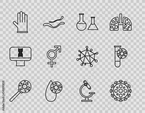 Set line Virus under magnifying glass, Test tube and flask, Blood test virus, Medical rubber gloves, Gender, Microscope and with icon. Vector