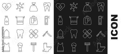 Set line Toilet bowl, Straight razor, Bottle with nozzle spray, Garbage bag, Towel on hanger, of liquid antibacterial soap, Heart cross and Bottles for cleaning agent icon. Vector