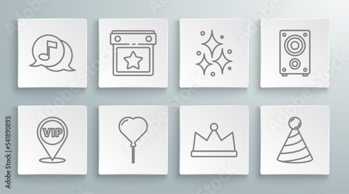 Set line Location Vip, Calendar party, Balloon in form of heart, Crown, Party hat, Firework, Stereo speaker and Musical note speech bubble icon. Vector