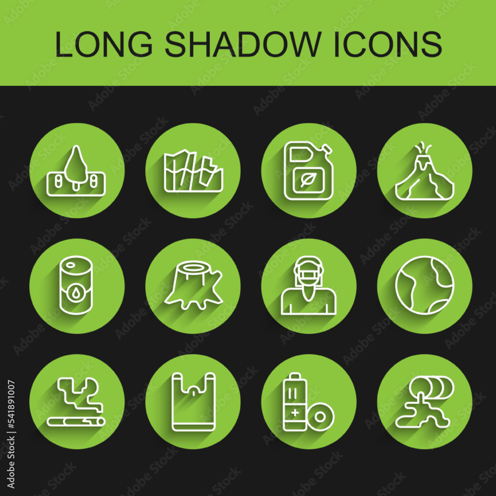 Set line Cigarette, Plastic bag, Deforestation, Battery, Barrel oil leak, Tree stump, Earth globe and Face in protective mask icon. Vector Set line Cigarette, Plastic bag, Deforestation, Battery, Barrel oil leak, Tree stump, Earth globe and Face in protective mask icon. Vector