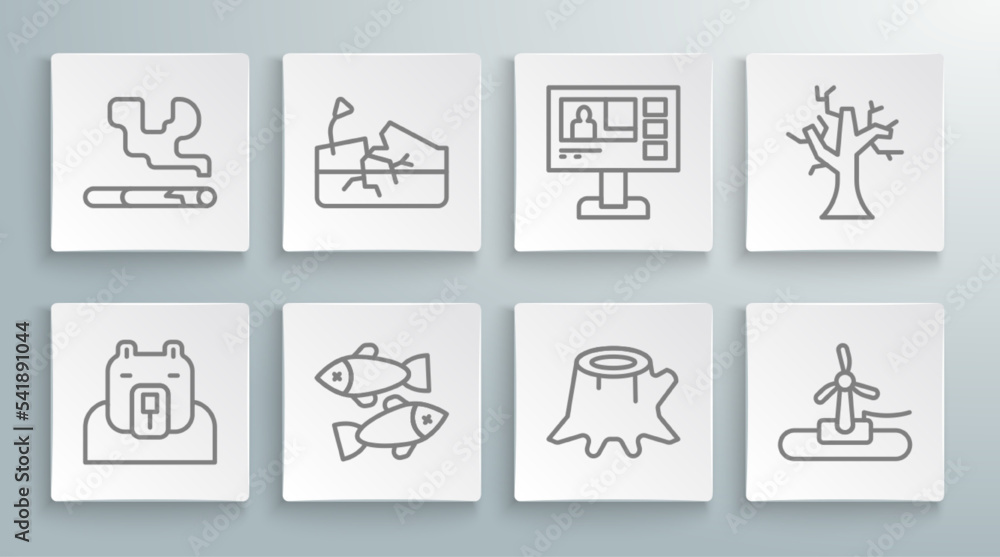 Set line Polar bear head, Earthquake, Dead fish, Tree stump, Wind turbine, Television report, Withered tree and Cigarette icon. Vector Set line Polar bear head, Earthquake, Dead fish, Tree stump, Wind turbine, Television report, Withered tree and Cigarette icon. Vector