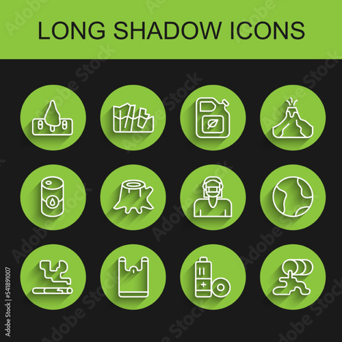 Set line Cigarette, Plastic bag, Deforestation, Battery, Barrel oil leak, Tree stump, Earth globe and Face in protective mask icon. Vector