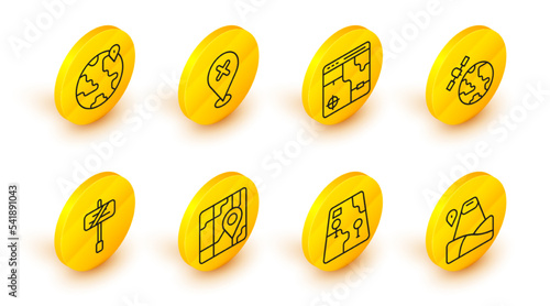 Set line Location with mountain, City map navigation, Road traffic sign, Satellites orbiting the planet, Infographic of city, cross mark and globe icon. Vector photo