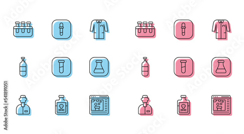 Set line Laboratory assistant, Poison in bottle, Test tube and flask, Chemical online, Propane gas tank and Pipette icon. Vector