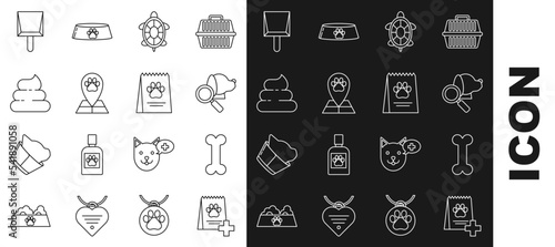 Set line Bag of food for dog, Dog bone, Veterinary clinic symbol, Turtle, Map pointer with veterinary medicine hospital, Shit, Dustpan and icon. Vector