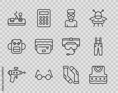 Set line Ray gun, Waistcoat, Nerd geek, Eyeglasses, Gamepad, bag of banana, Socks and Pants with suspenders icon. Vector