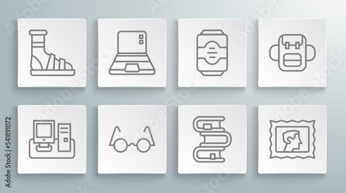 Set line Monitor with keyboard, Laptop, Eyeglasses, Book, Postal stamp, Energy drink, School backpack and Slippers socks icon. Vector