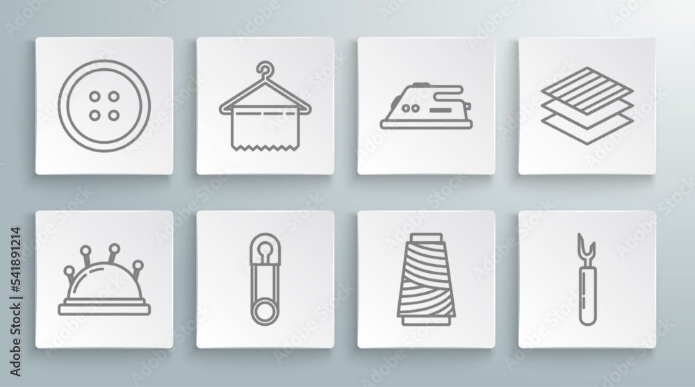 Set line Needle bed and needles, Hanger wardrobe, Classic closed steel safety pin, Sewing thread on spool, Cutter tool, Electric iron, Textile fabric roll and button for clothes icon. Vector Set line Needle bed and needles, Hanger wardrobe, Classic closed steel safety pin, Sewing thread on spool, Cutter tool, Electric iron, Textile fabric roll and button for clothes icon. Vector