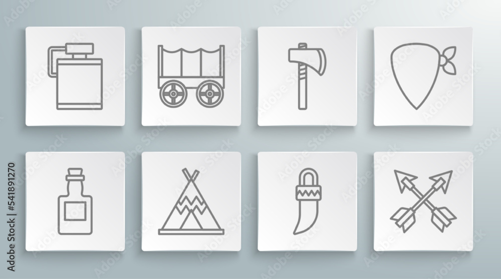 Set line Tequila bottle, Wild west covered wagon, Indian teepee or wigwam, Tooth, Crossed arrows, Tomahawk axe, Cowboy bandana and Canteen water icon. Vector Set line Tequila bottle, Wild west covered wagon, Indian teepee or wigwam, Tooth, Crossed arrows, Tomahawk axe, Cowboy bandana and Canteen water icon. Vector