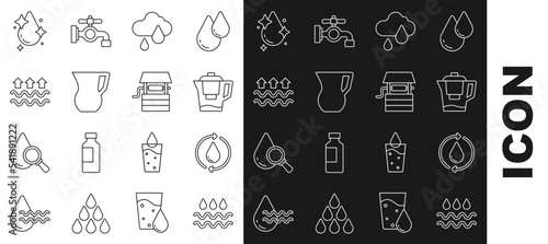 Set line Wave with water drop, Recycle clean aqua, Water jug filter, Cloud rain, Jug glass, Waves of and evaporation, and Well bucket icon. Vector