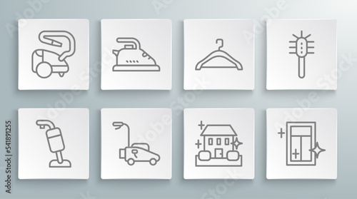 Set line Vacuum cleaner, Electric iron, Lawn mower, Home cleaning service, Cleaning for window, Hanger wardrobe, Toilet brush and icon. Vector