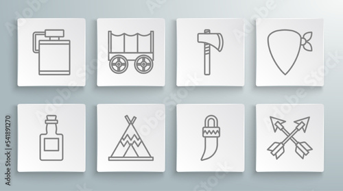 Set line Tequila bottle, Wild west covered wagon, Indian teepee or wigwam, Tooth, Crossed arrows, Tomahawk axe, Cowboy bandana and Canteen water icon. Vector