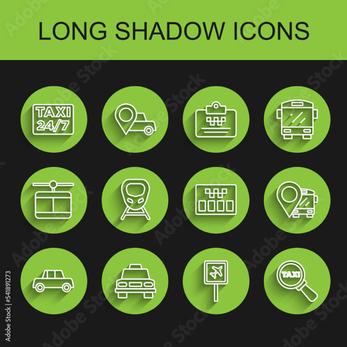 Set line Car, Taxi car, Location with taxi, Airport, Magnifying glass and, High-speed train, bus and Taximeter icon. Vector