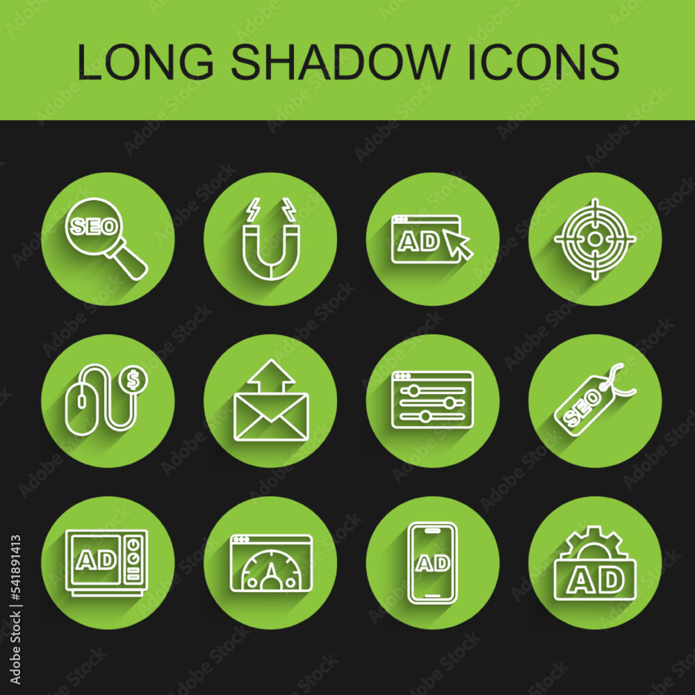 Set line Advertising, Website statistic, SEO optimization, Mail and e-mail, and Browser setting icon. Vector Set line Advertising, Website statistic, SEO optimization, Mail and e-mail, and Browser setting icon. Vector