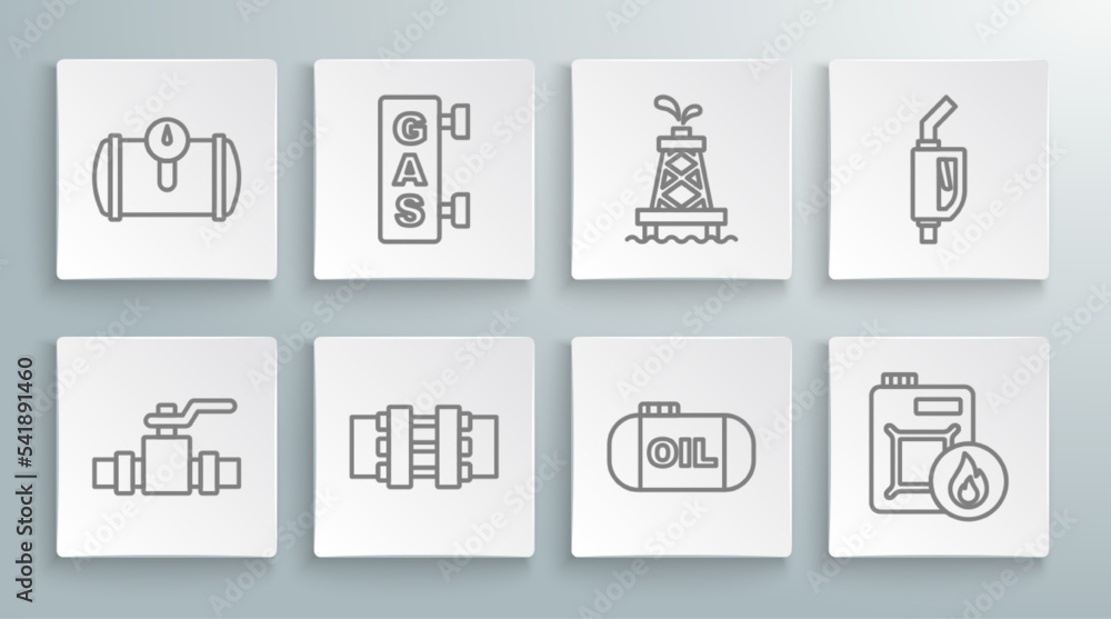 Set line Metallic pipes and valve, Gas filling station, Oil tank storage, Canister for motor oil, rig, Gasoline pump nozzle and vehicle icon. Vector Set line Metallic pipes and valve, Gas filling station, Oil tank storage, Canister for motor oil, rig, Gasoline pump nozzle and vehicle icon. Vector