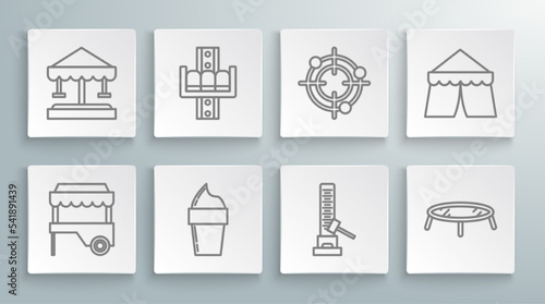 Set line Fast street food cart with awning, Ice cream waffle cone, High striker attraction big hammer, Jumping trampoline, Target sport for shooting competition, Circus tent and icon. Vector