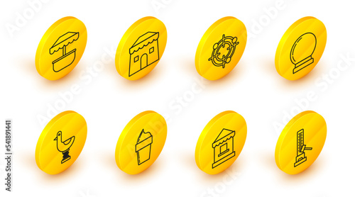 Set line High striker attraction with big hammer, Ice cream in waffle cone, Riding kid duck, Magic ball, Target sport for shooting competition, Circus tent and Attraction carousel icon. Vector