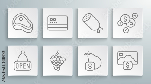 Set line Hanging sign with Open, Credit card, Grape fruit, Price tag for pear, Salami sausage, Coin money dollar and Steak meat icon. Vector