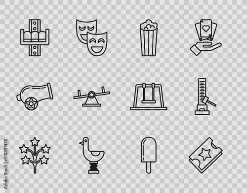 Set line Fireworks, Ticket, Popcorn in cardboard box, Riding kid duck, Attraction carousel, Seesaw, Ice cream and High striker attraction with big hammer icon. Vector