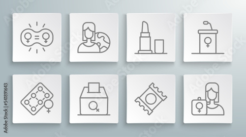 Set line Packaging of birth control pills, Women from different countries, Female vote right, Condom package, Feminist activist, Lipstick, Debate podium rostrum and Gender equality icon. Vector