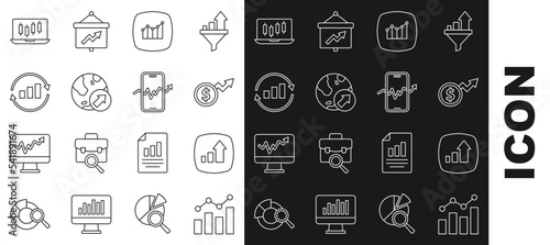 Set line Financial growth, dollar, Graph chart infographic, Stocks market graphs and Mobile stock trading icon. Vector