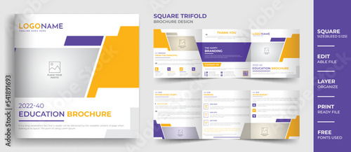 Education school square trifold brochure design, kid's admission trifold brochure  template