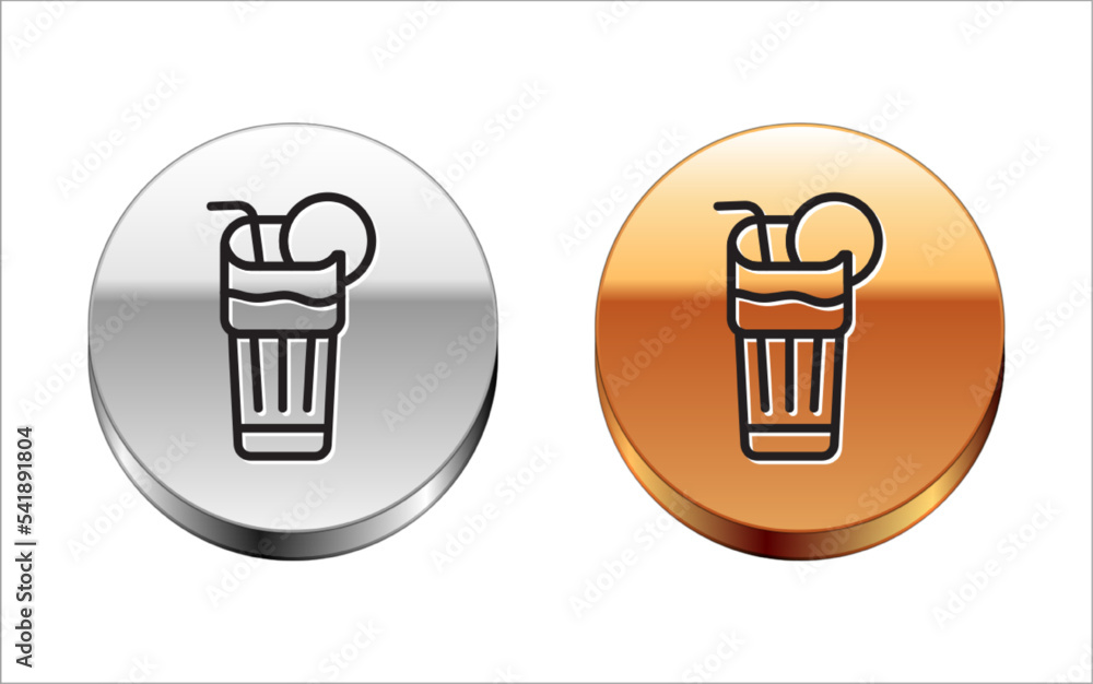 Black line Fresh smoothie icon isolated on white background. Silver-gold circle button. Vector