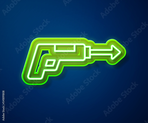 Glowing neon line Fishing harpoon icon isolated on blue background. Fishery manufacturers for catching fish under water. Diving underwater equipment. Vector