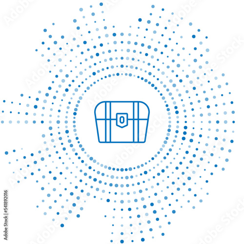 Blue line Antique treasure chest icon isolated on white background. Vintage wooden chest with golden coin. Abstract circle random dots. Vector