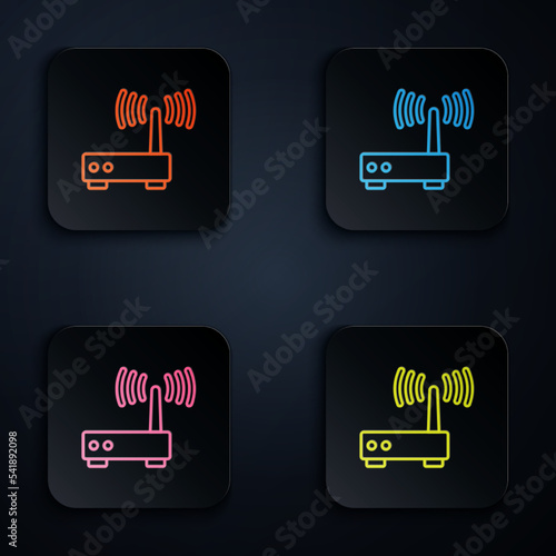 Color neon line Router and wi-fi signal icon isolated on black background. Wireless ethernet modem router. Computer technology internet. Set icons in square buttons. Vector