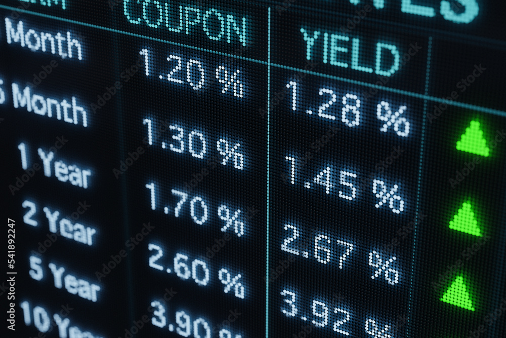 Stock Rates Screen Bond market screen with rising yields and interest rates. Coupons ...
