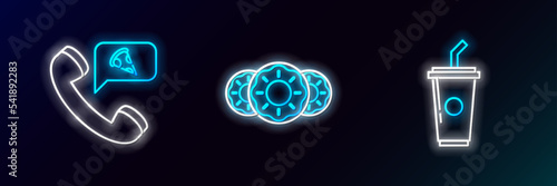 Set line Paper glass with drinking straw and water, Food ordering pizza and Donut sweet glaze icon. Glowing neon. Vector