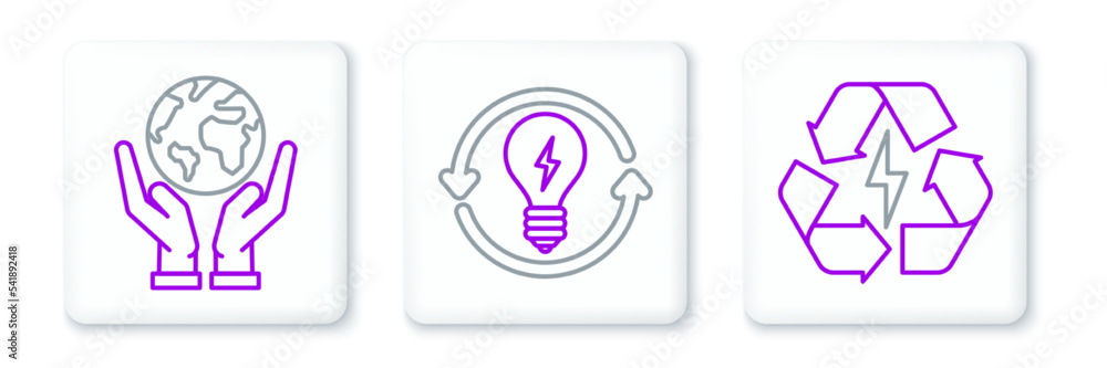 Set line Battery with recycle symbol, Human hands holding Earth globe and Recycle light bulb lightning icon. Vector Set line Battery with recycle symbol, Human hands holding Earth globe and Recycle light bulb lightning icon. Vector