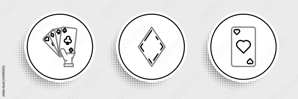 Set line Playing card with heart symbol, Hand holding playing cards and diamonds icon. Vector Set line Playing card with heart symbol, Hand holding playing cards and diamonds icon. Vector