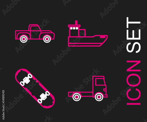 Set line Delivery cargo truck vehicle, Skateboard, Cargo ship and Pickup icon. Vector