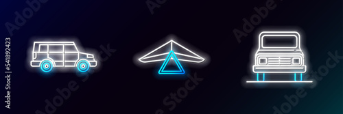 Set line Car, Off road car and Hang glider icon. Glowing neon. Vector