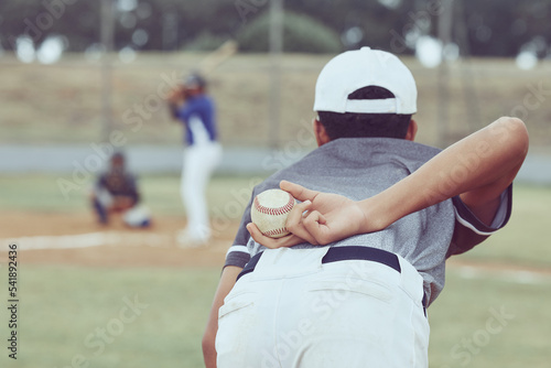 Canvas Print Baseball, pitcher and ball in hand, player ready to pitch and young men playing on field