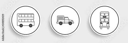 Set line Double decker bus, and Delivery cargo truck vehicle icon. Vector