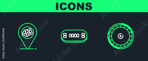 Set line Casino roulette wheel, location and Poker table icon. Vector