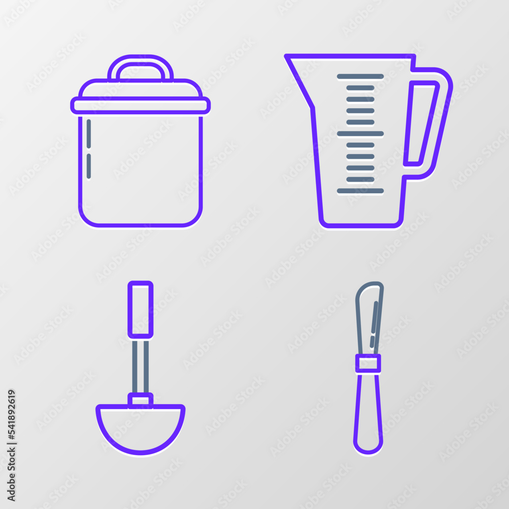 Set line Knife, Kitchen ladle, Measuring cup and Cooking pot icon. Vector Set line Knife, Kitchen ladle, Measuring cup and Cooking pot icon. Vector