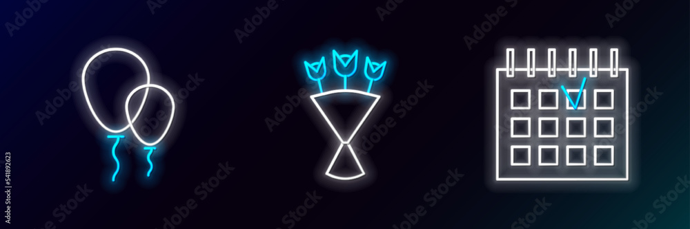 Set line Detailed calendar, Balloons with ribbon and Bouquet of flowers icon. Glowing neon. Vector Set line Detailed calendar, Balloons with ribbon and Bouquet of flowers icon. Glowing neon. Vector