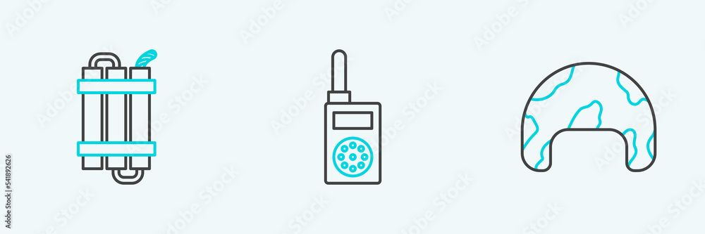 Set line Military helmet, Detonate dynamite bomb stick and Walkie talkie icon. Vector Set line Military helmet, Detonate dynamite bomb stick and Walkie talkie icon. Vector