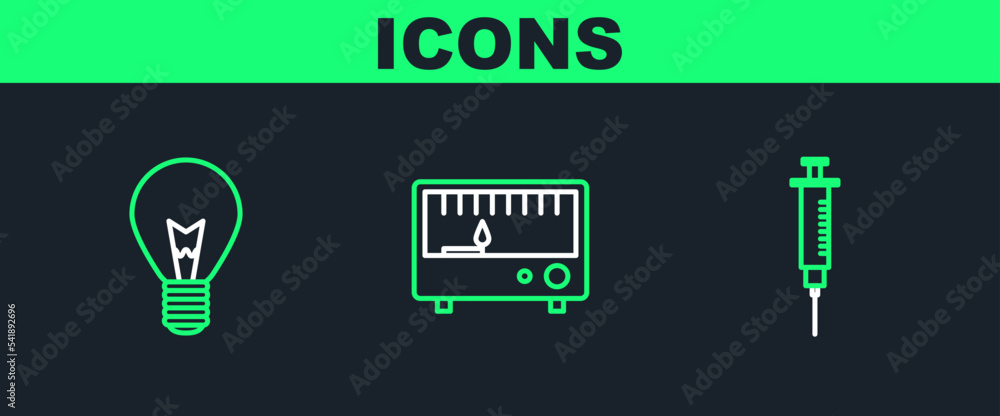 Set line Syringe, Light bulb with concept of idea and Electrical measuring instruments icon. Vector Set line Syringe, Light bulb with concept of idea and Electrical measuring instruments icon. Vector