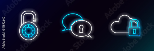 Set line Cloud computing lock, Safe combination wheel and Protection of personal data icon. Glowing neon. Vector