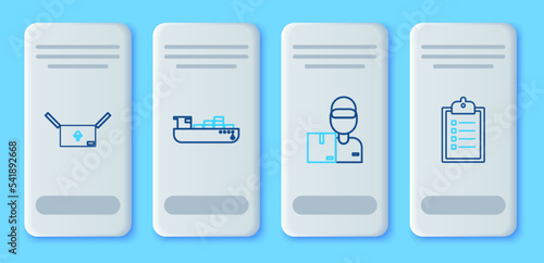 Set line Cargo ship with boxes delivery service, Delivery man cardboard, Cardboard traffic symbol and Verification of list clipboard icon. Vector