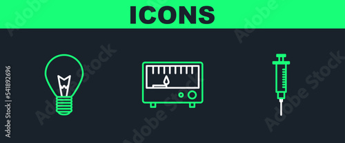 Set line Syringe, Light bulb with concept of idea and Electrical measuring instruments icon. Vector