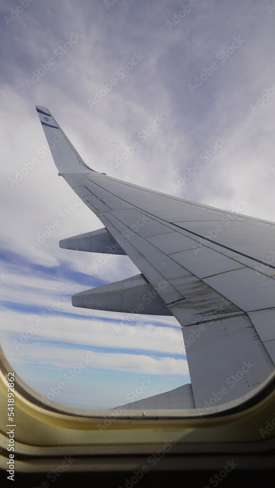 Fototapeta premium Wing of an airplane, passenger s view. Looking through the window of a plane on its shining wing