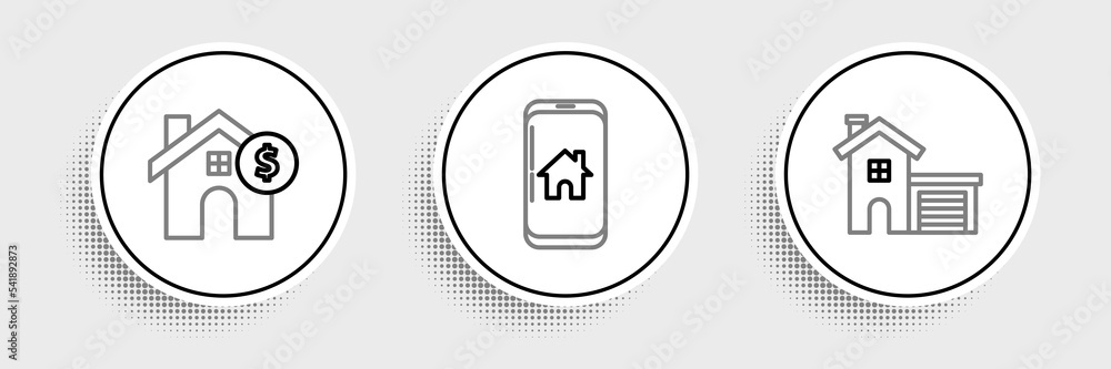 Set line House, with dollar symbol and Mobile phone smart home icon. Vector Set line House, with dollar symbol and Mobile phone smart home icon. Vector