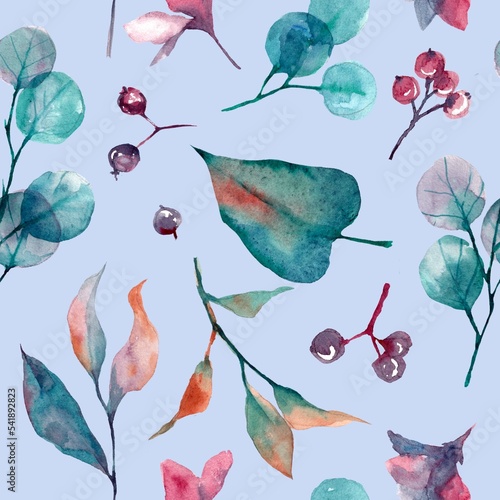 watercolor seamless botanical pattern. beautiful elegant autumn leaves and flowers 